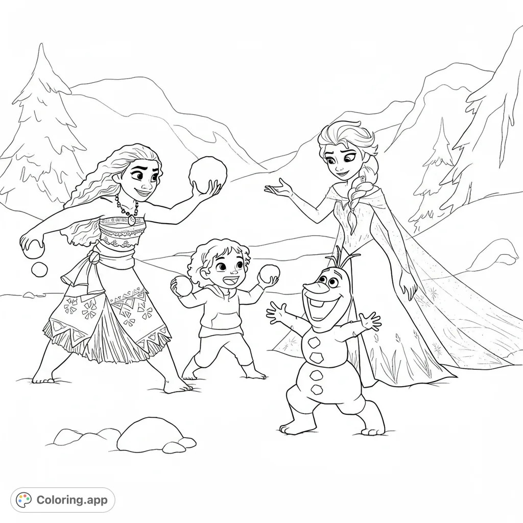 Join beloved characters for a magical snowball fight! This enchanting winter scene offers fun for all ages, perfect for a free printable coloring page adventure.