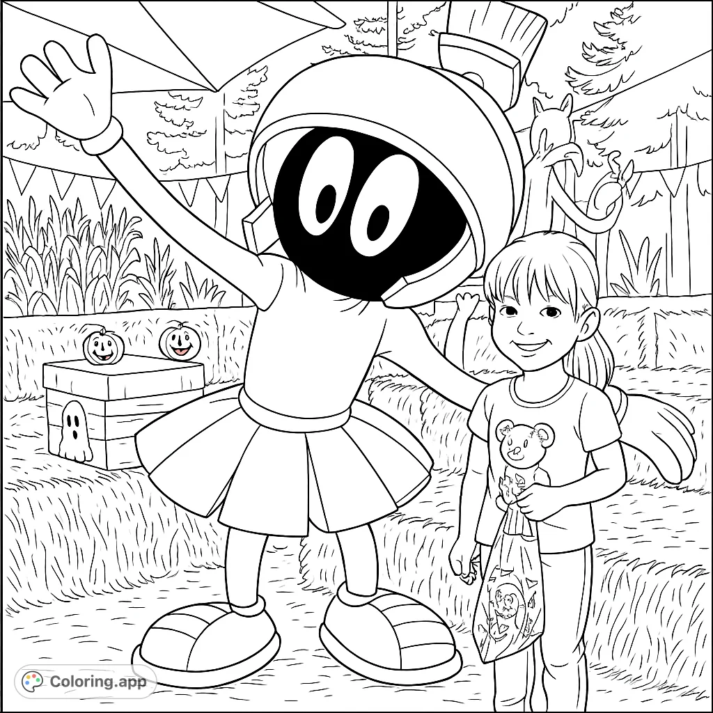 Marvin the Martian in a tutu and a girl enjoy a festive Halloween scene with pumpkins and hay bales. A fun, free printable coloring page!