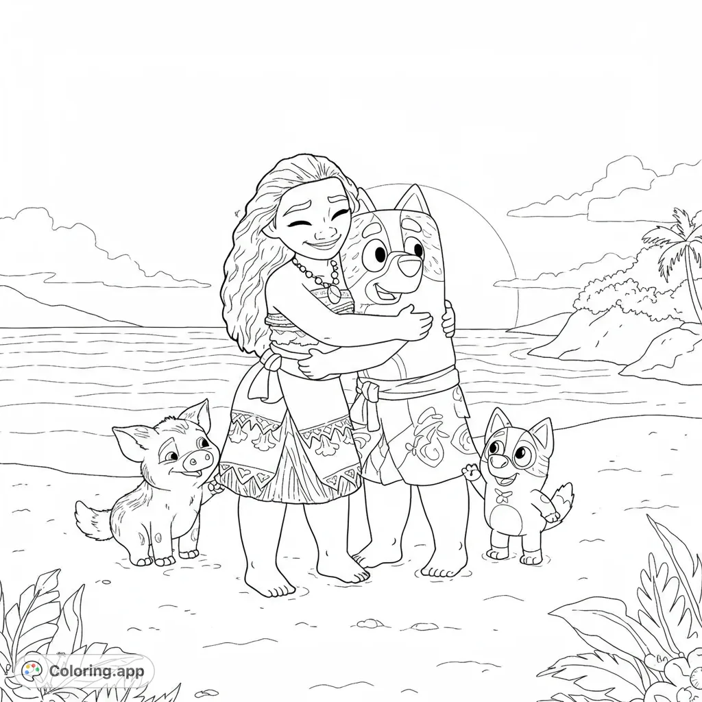 A heartwarming tropical adventure coloring page featuring Moana hugging Bluey on a sunny beach, joined by Pua and Bingo. Free printable fun!