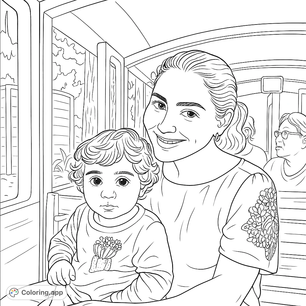 A heartwarming mother and child train ride coloring page, perfect for family fun. Features a smiling mom and cute baby, ready for your creative colors.