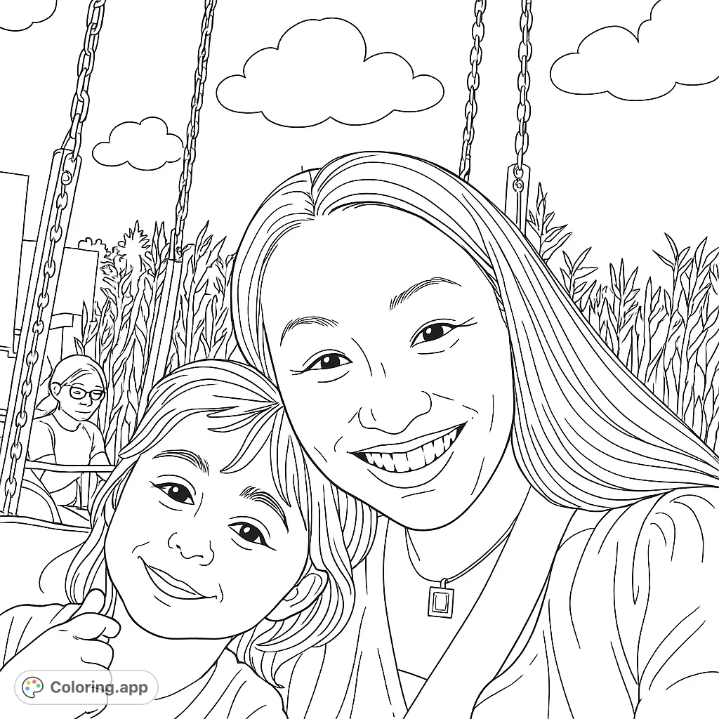 Capture a heartwarming mother-daughter selfie moment on a fun park swing ride. A free printable family fun coloring page for all ages.