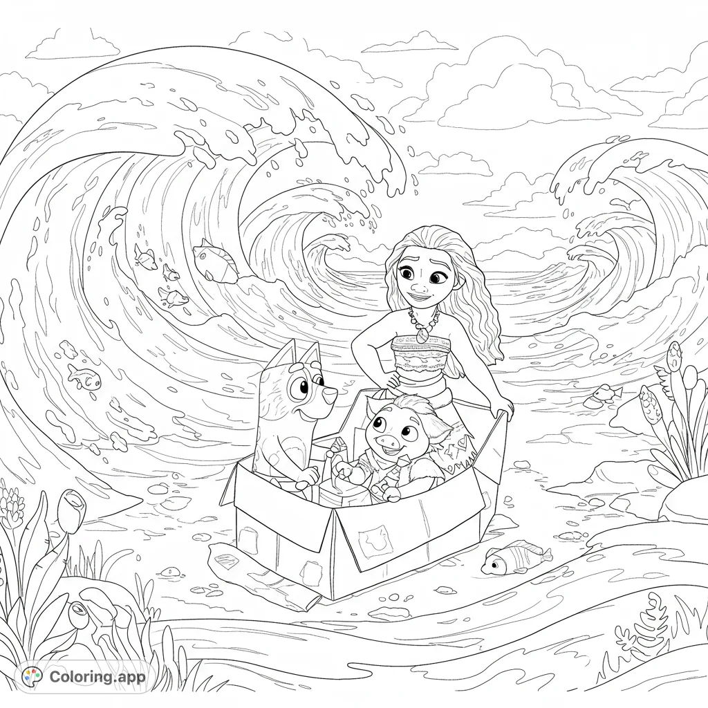 Join a brave young woman, a playful dog, and a cute pig on an exciting ocean adventure in a cardboard boat, surrounded by dynamic waves and fish.