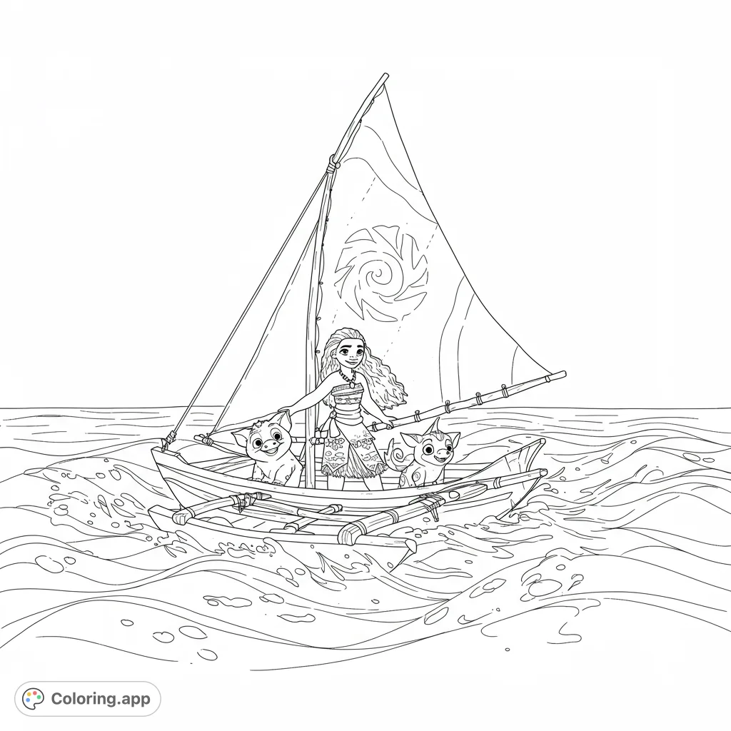 Embark on an ocean adventure with a brave voyager and her animal friends in a sailboat, navigating through dynamic waves. A free printable coloring page.