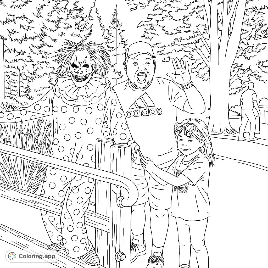 Spooky clown, excited adult, and a curious child at a park. A fun, free printable Halloween coloring page for kids and adults!