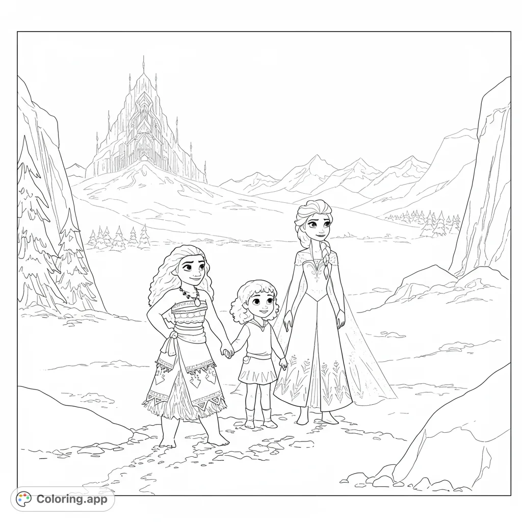 Three friends journey through a snowy mountain landscape towards a majestic ice castle. A magical winter adventure free printable coloring page.