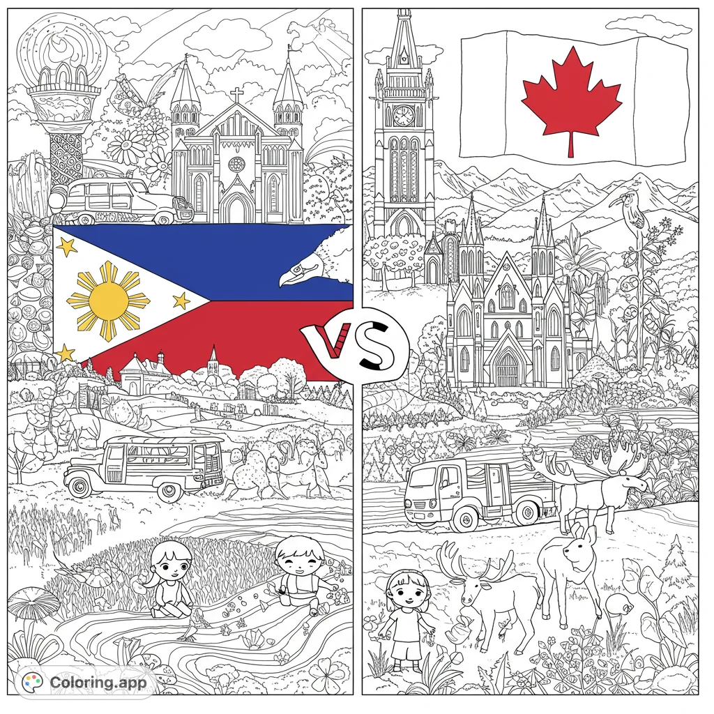 Explore a vibrant cultural comparison! This detailed coloring page features iconic landmarks, vehicles, and nature from the Philippines and Canada, perfect for all ages.