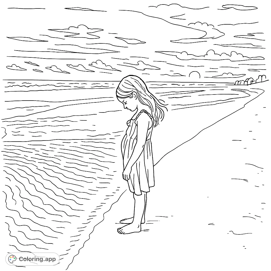 A peaceful beach scene featuring a girl gazing at the waves under a cloudy sky, perfect for a calming coloring experience.