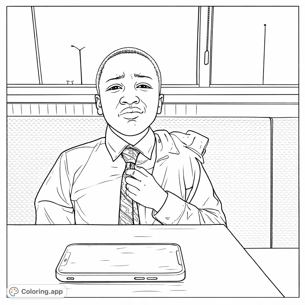 A young boy with a pouting expression sits in a restaurant booth, dressed formally with a tie and jacket, a smartphone resting on the table.