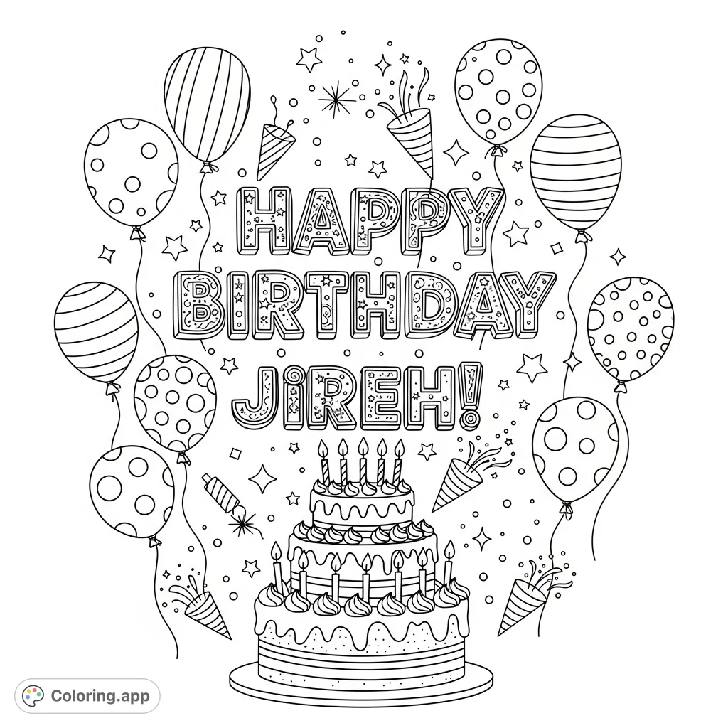 " in decorative letters, surrounded by balloons, a cake, and confetti.
