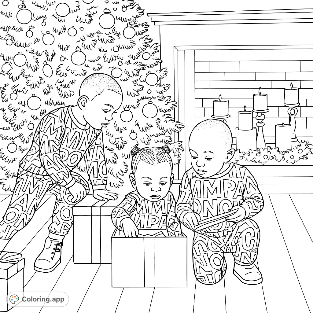 Capture the joy of the holidays with this festive coloring page featuring three children, a decorated tree, and gift boxes, perfect for family fun.
