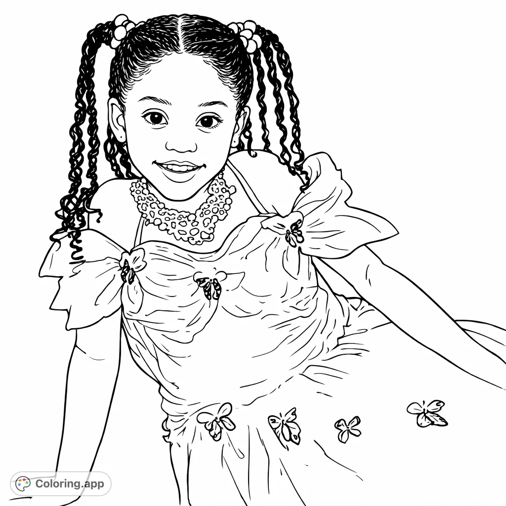 A delightful coloring page featuring a young girl in an elegant gown with an intricate necklace and braided pigtails. Perfect for aspiring artists to bring a touch of glamour.