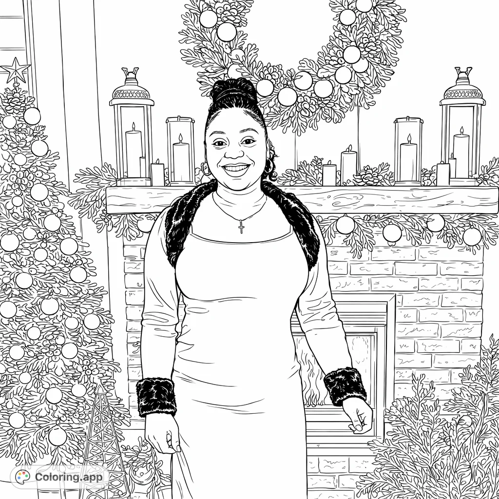 A smiling woman in a festive setting, featuring a decorated fireplace with a large wreath, lit candles, a cozy fire, and a Christmas tree.