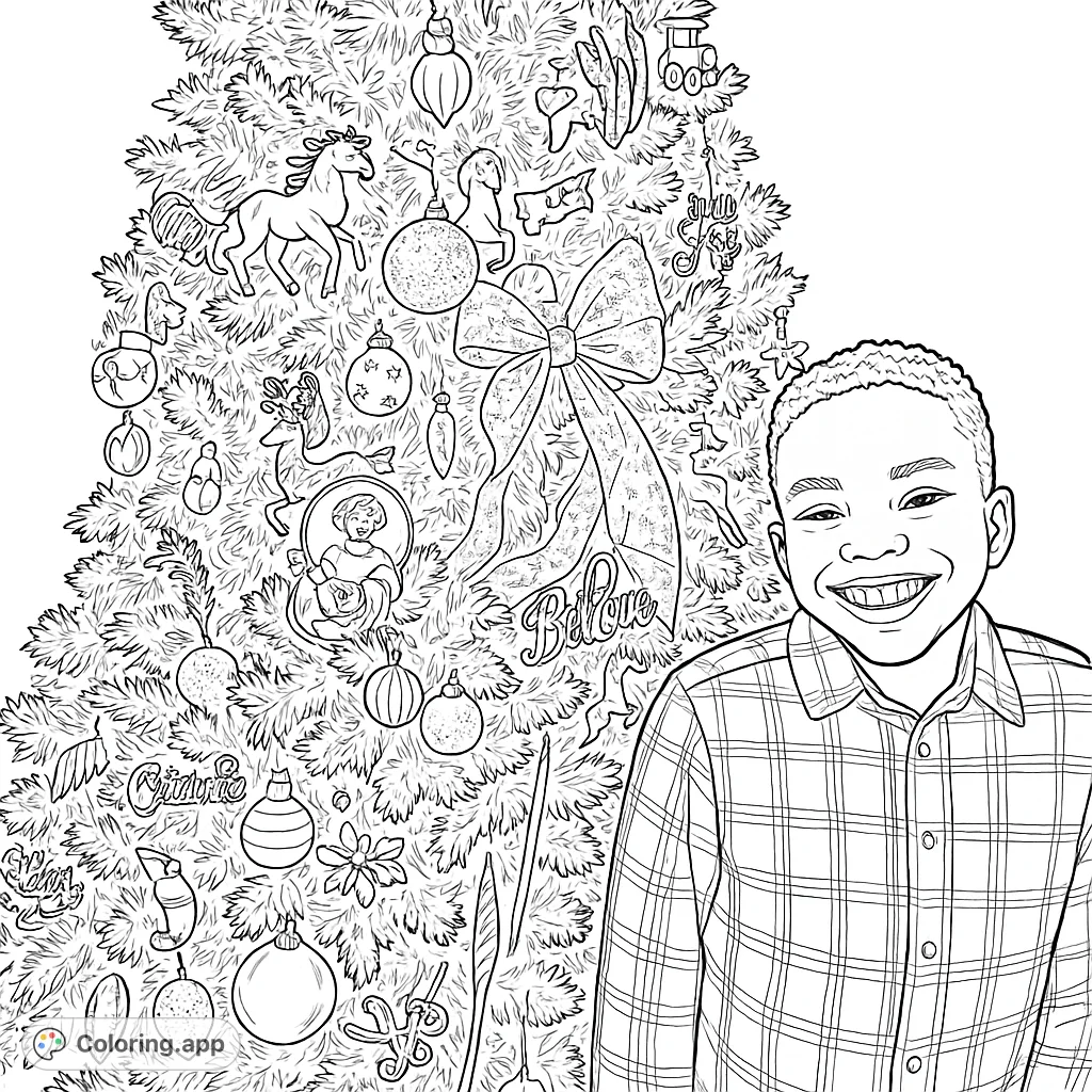 A joyful boy stands beside a beautifully decorated holiday tree, ready for festive coloring fun. Perfect for seasonal cheer!