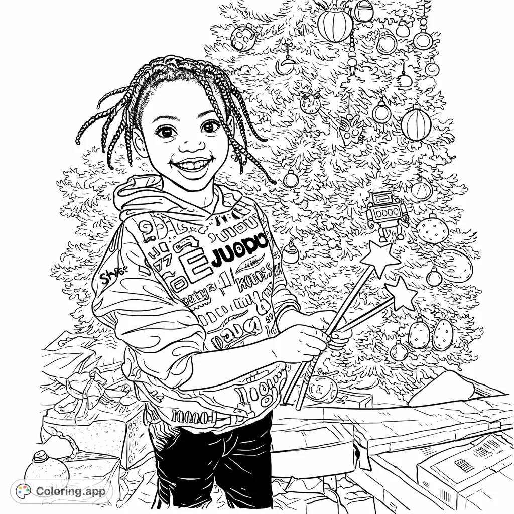 A happy child with braids stands before a heavily decorated tree, surrounded by festive gifts. A cheerful scene for holiday coloring fun.