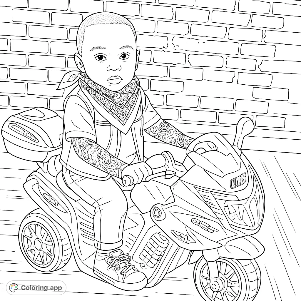A cool kid on a toy motorcycle with patterned sleeves, ready for adventure. A fun, free printable motorcycle coloring page for kids and adults.