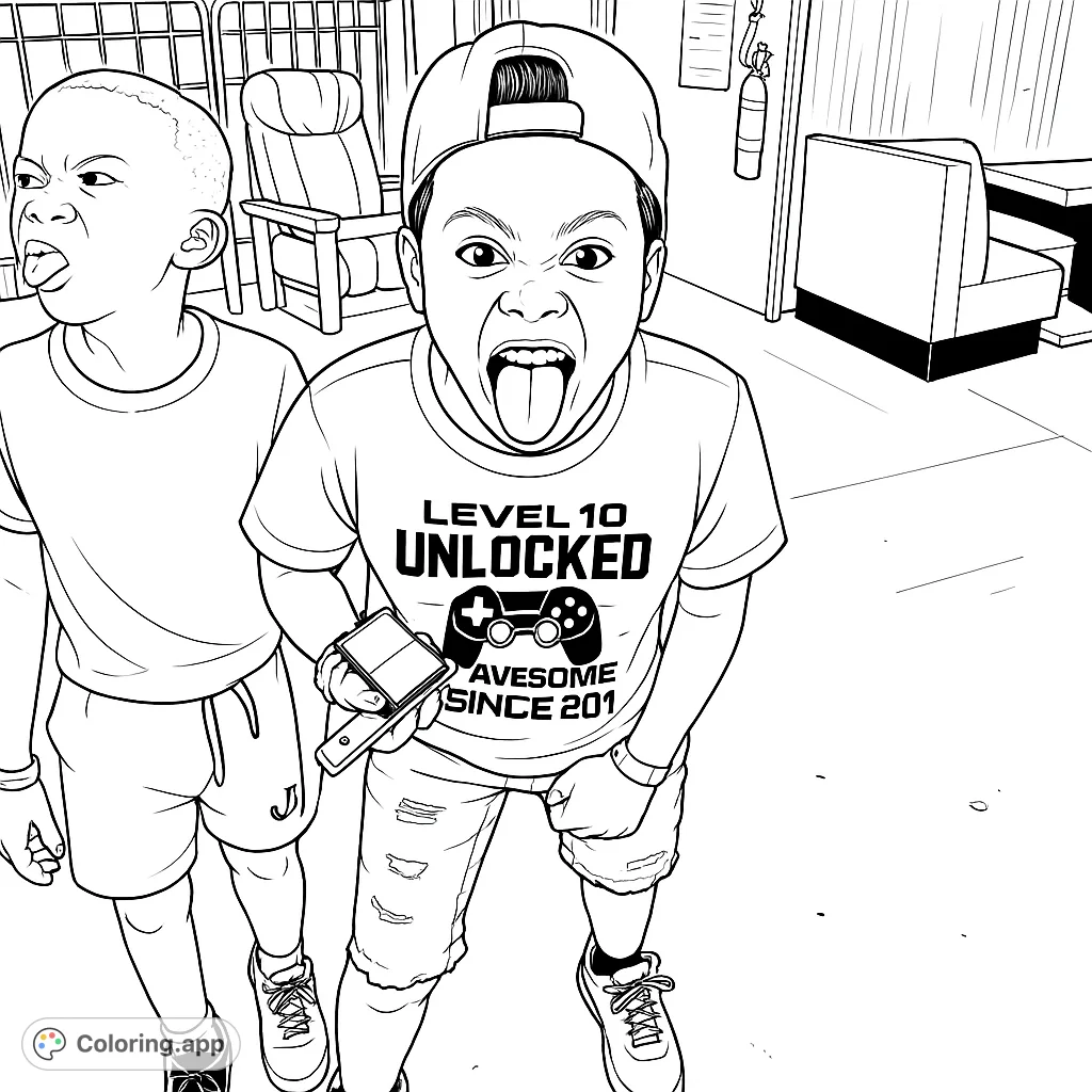 Two playful boys stick out their tongues in a fun, energetic scene. Perfect for kids to color and express their creativity with vibrant hues.