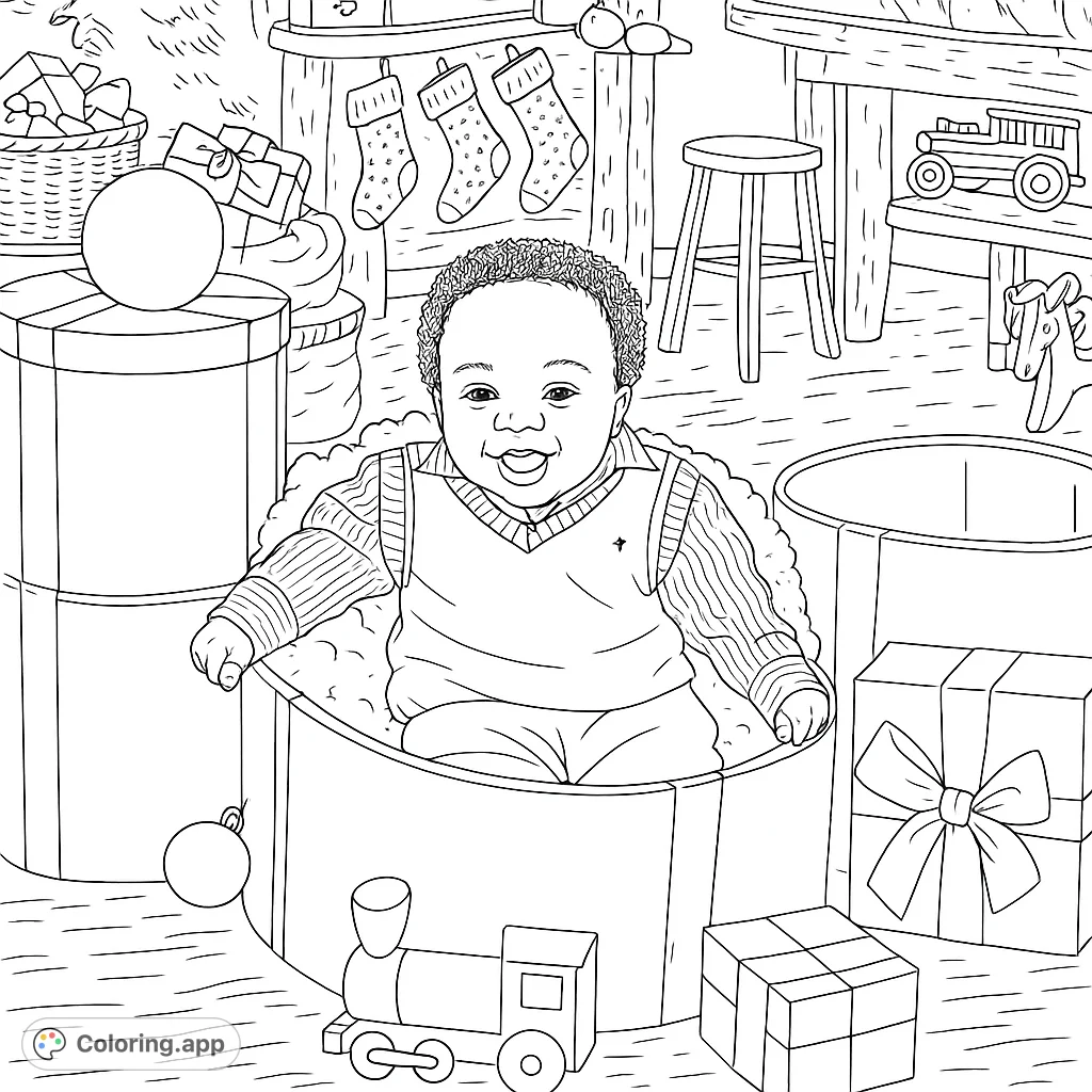A delightful holiday scene featuring a joyful baby nestled in a gift box, surrounded by festive presents and classic decorations. Perfect for spreading cheer.
