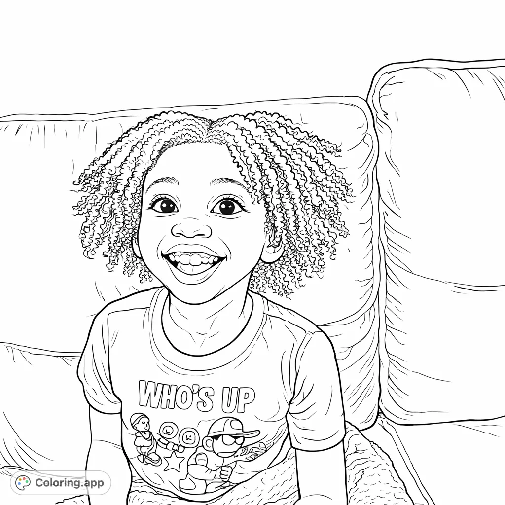 A delightful portrait of a smiling child with textured curly hair, wearing a fun character shirt. Perfect for expressing joy through colors!