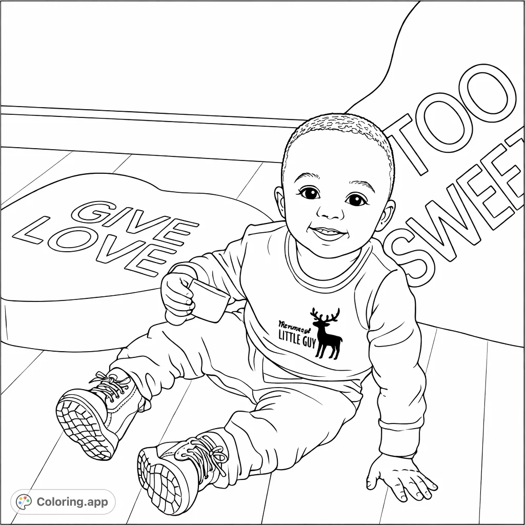 A charming toddler sits amidst playful heart-shaped decorations. This sweet scene offers simple shapes and engaging details perfect for young colorists.