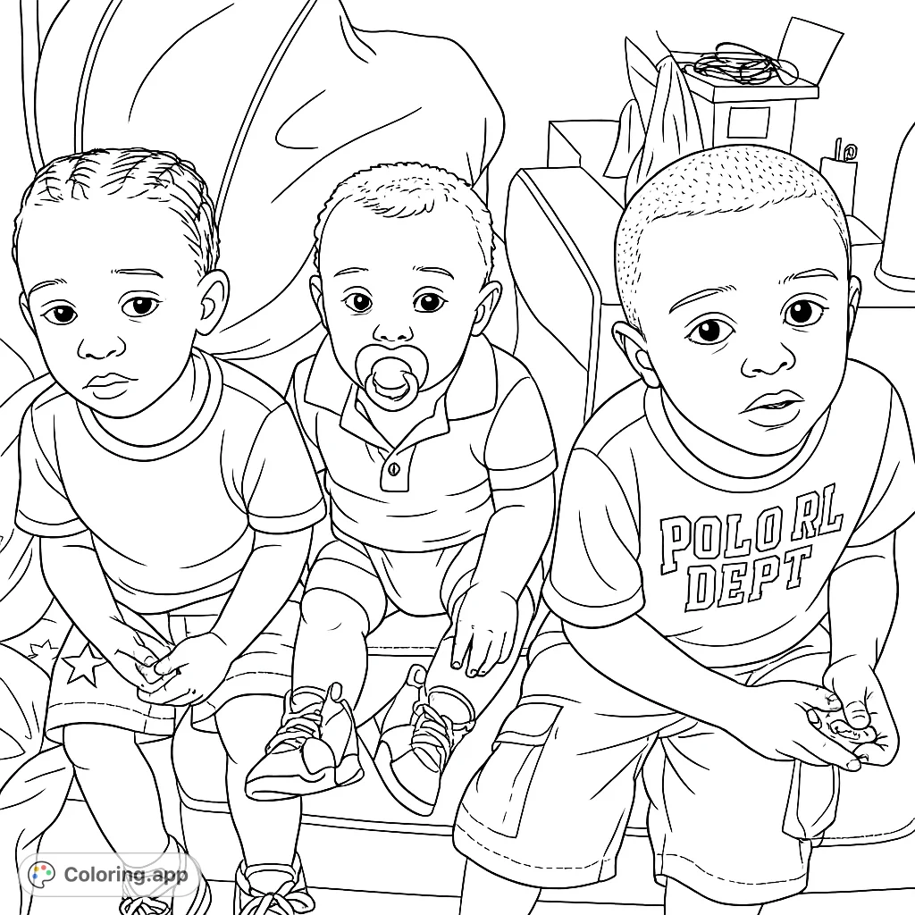 A heartwarming coloring page featuring three young children, including a baby with a pacifier, sitting together on a couch. Perfect for family-themed coloring fun.