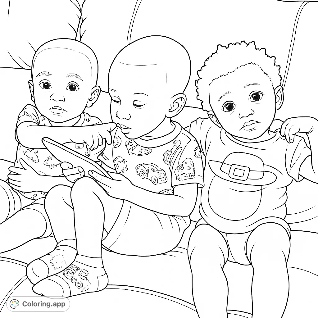 Three adorable young children share a moment on a cozy sofa, perfect for a heartwarming coloring page. Features playful patterns and sweet expressions.
