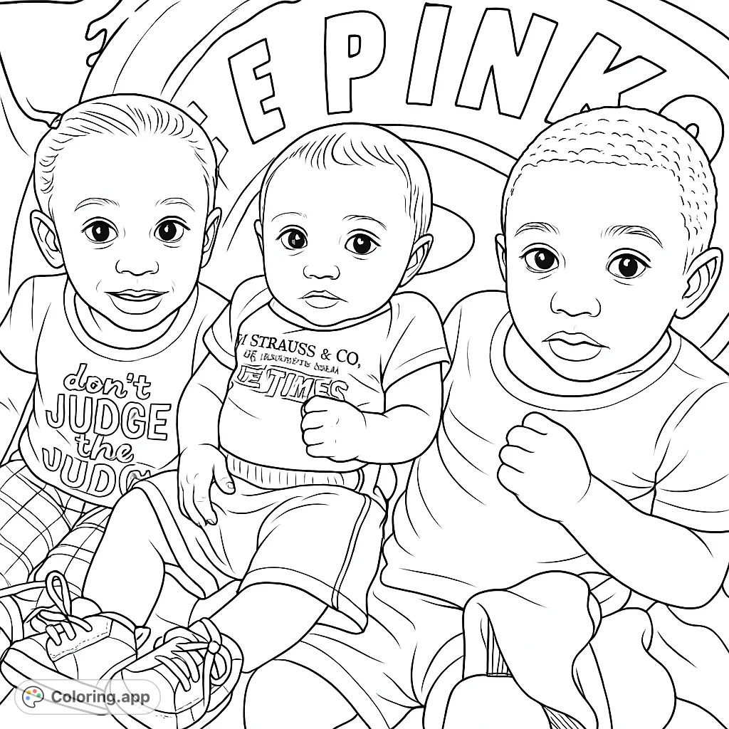 A heartwarming coloring page featuring three young children sitting together, perfect for family-themed creative fun and personal expression.