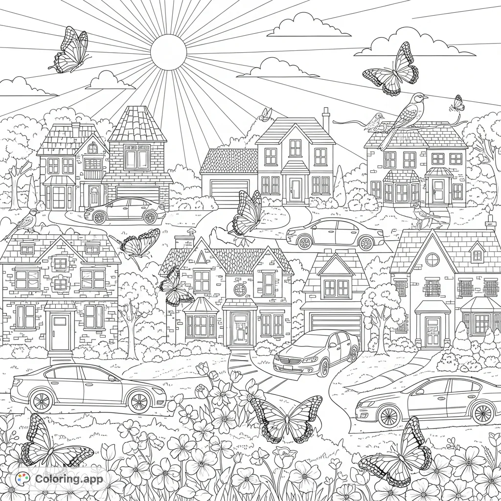 Explore a lively housing complex scene with detailed houses, lush gardens, fluttering butterflies, soaring birds, and parked cars, perfect for a relaxing coloring experience.