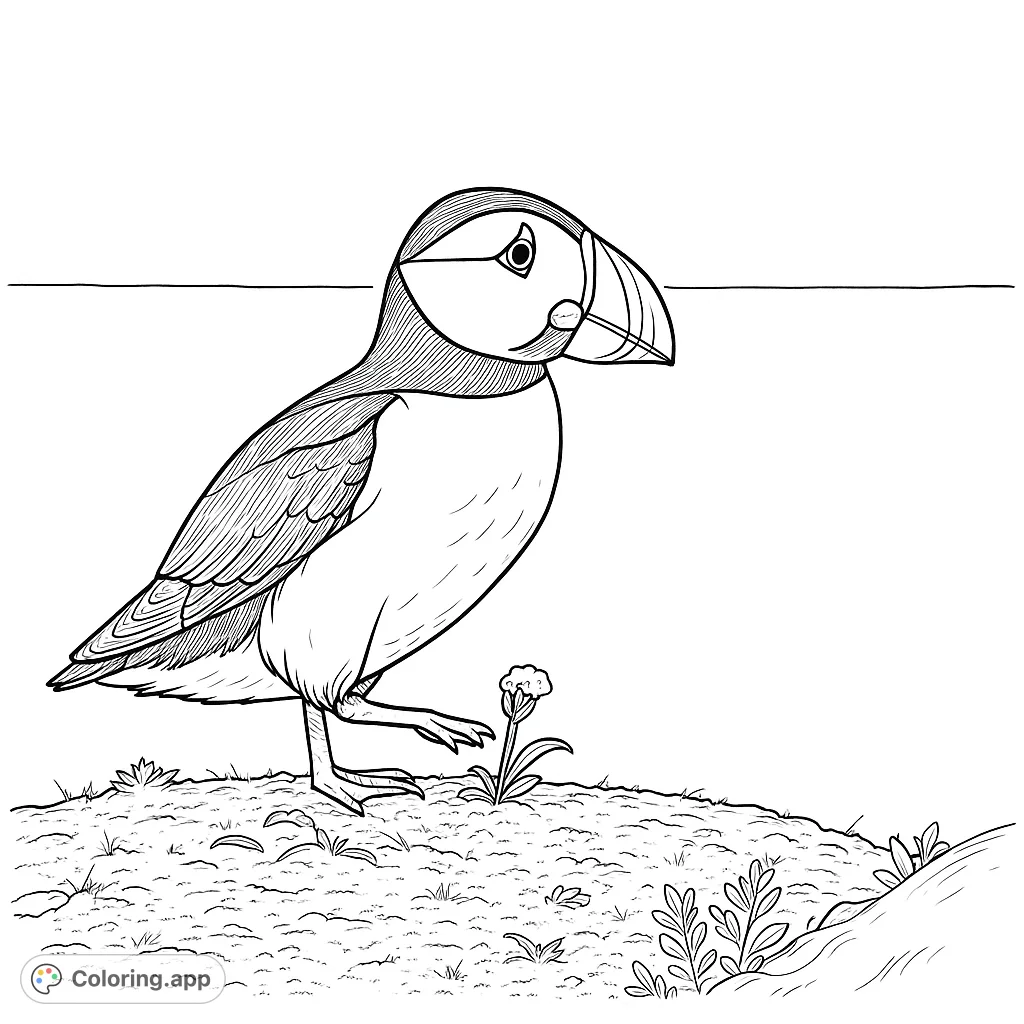 Discover a charming puffin standing on a textured mound, ready for your creative touch. A delightful nature-themed coloring page for all ages.