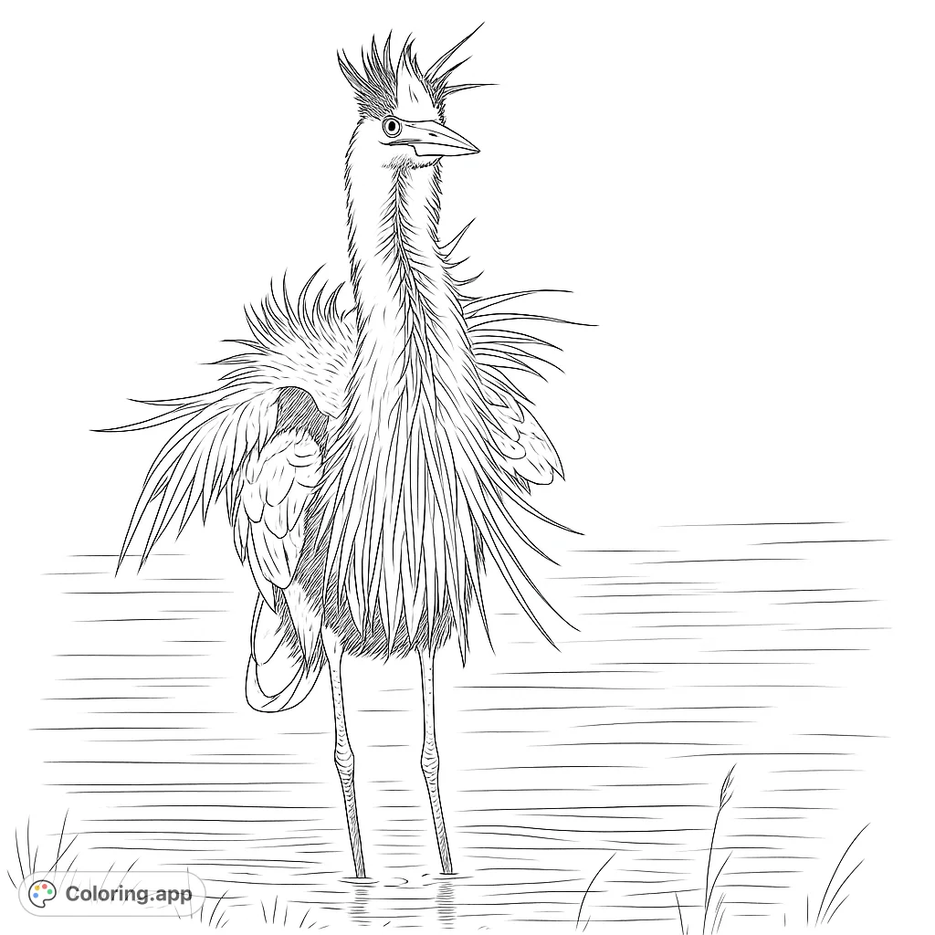 A majestic heron stands in shallow water, featuring a spiky crest and ruffled feathers. A free printable bird coloring page for all ages.