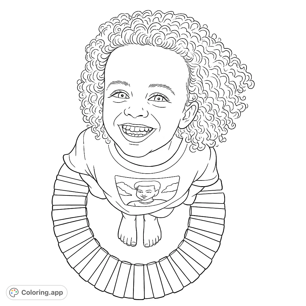 A joyful child with curly hair smiles up at the viewer, standing on a circular base. A delightful and expressive portrait.