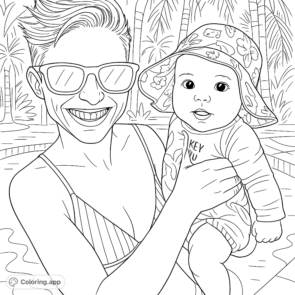 A joyful mom and baby enjoying a sunny pool day, perfect for a relaxing summer coloring experience. Capture their happy bond!