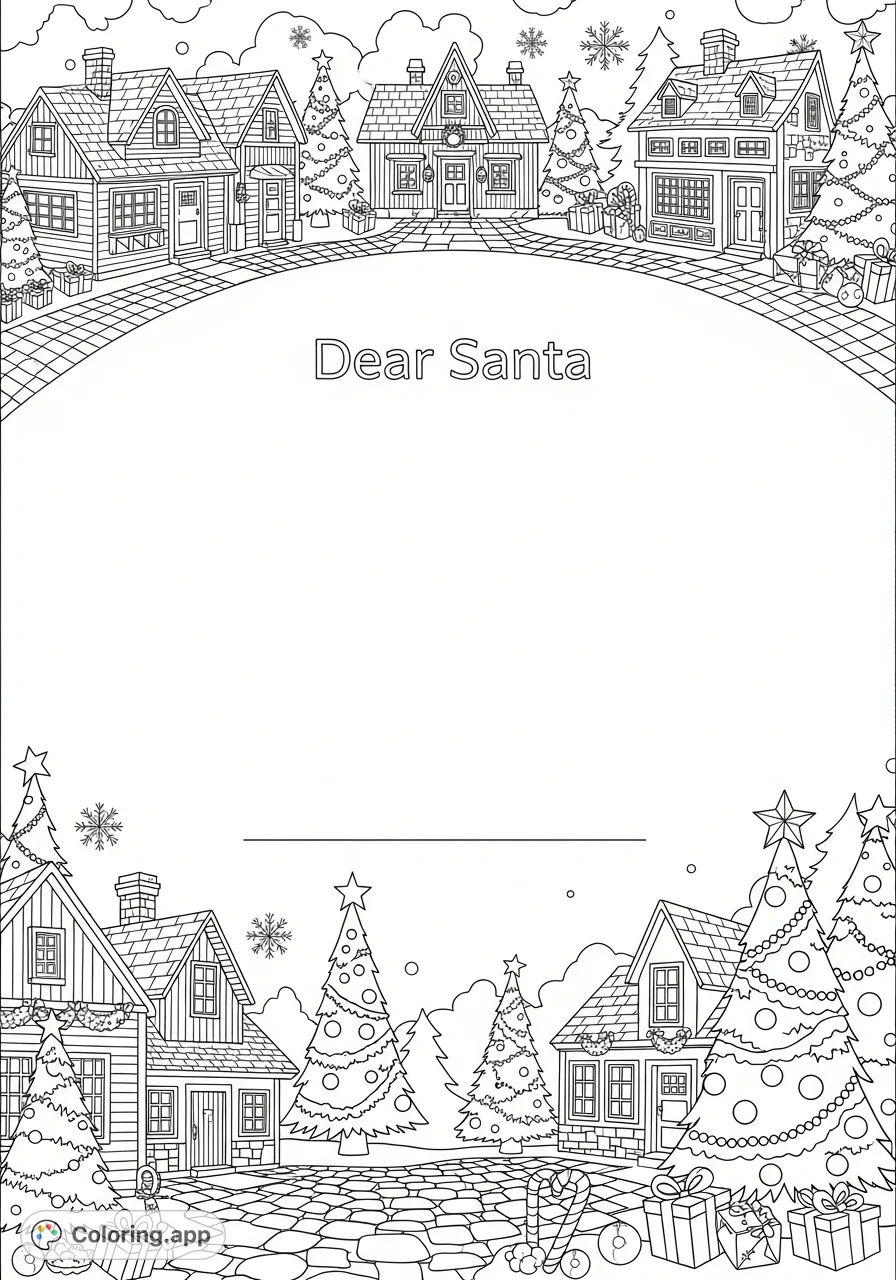A festive "Dear Santa" letter template featuring charming Gardner Village scenes, adorned with Christmas trees and holiday motifs, leaving space for wishes.