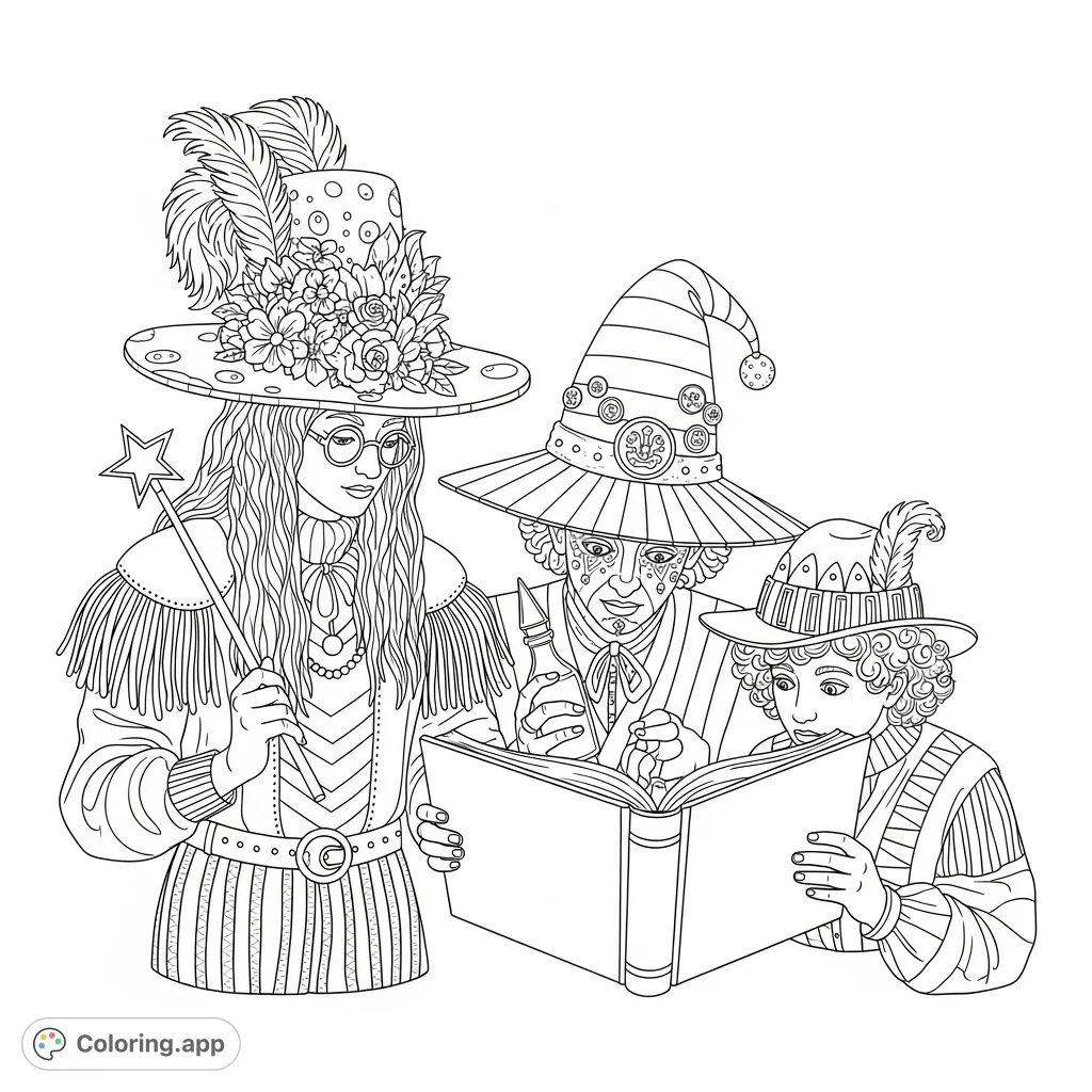 Three elaborately dressed, whimsical figures with unique hats and intricate details gather intently around a large, open book, inviting creative coloring.