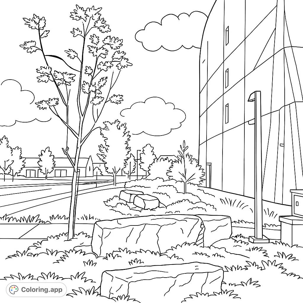 Explore a peaceful urban park scene featuring a modern building, a tall tree, and large rocks. A free printable cityscape coloring page for all ages.