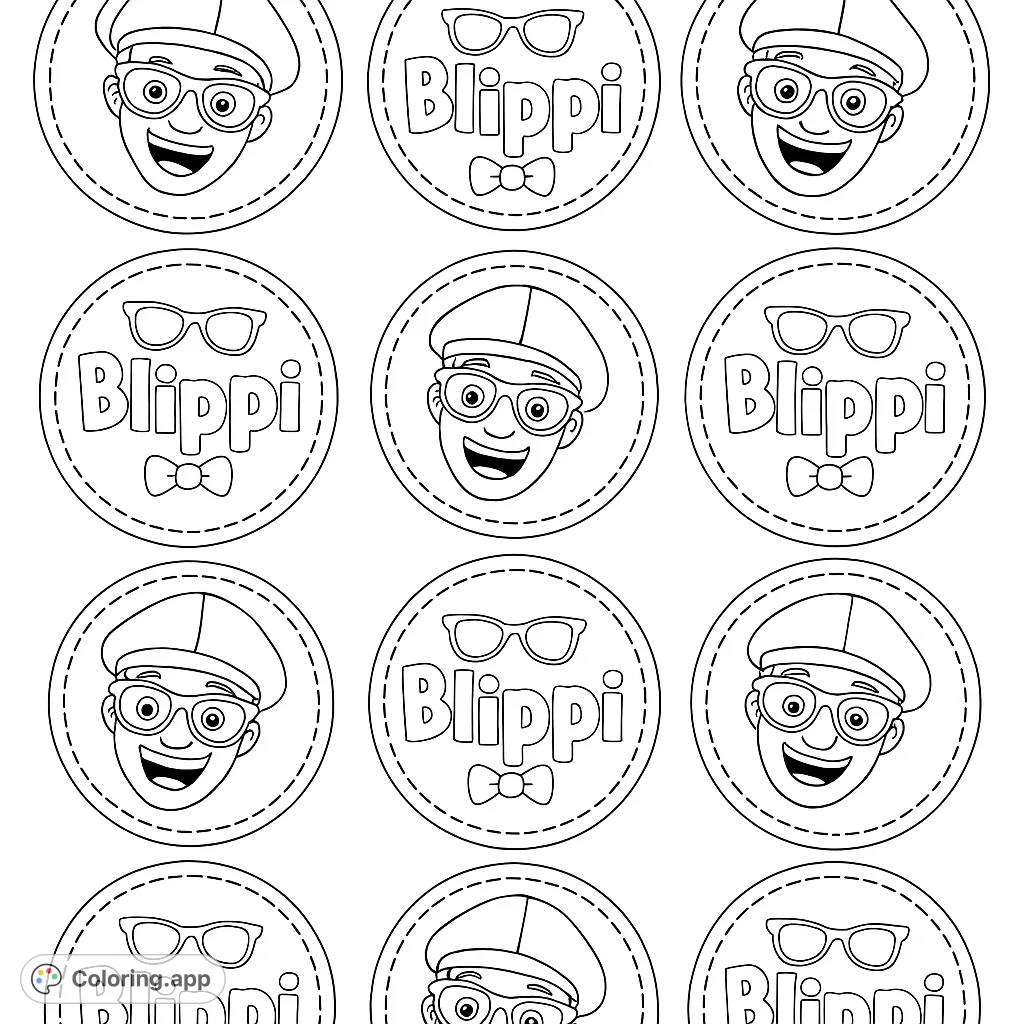 Dive into fun with this Blippi coloring page featuring multiple circular badges of the beloved character's face and logo. Perfect for young fans!