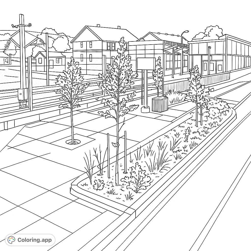 Explore an urban street scene coloring page featuring a detailed sidewalk, lush planter, young trees, and buildings. Free printable for all ages!