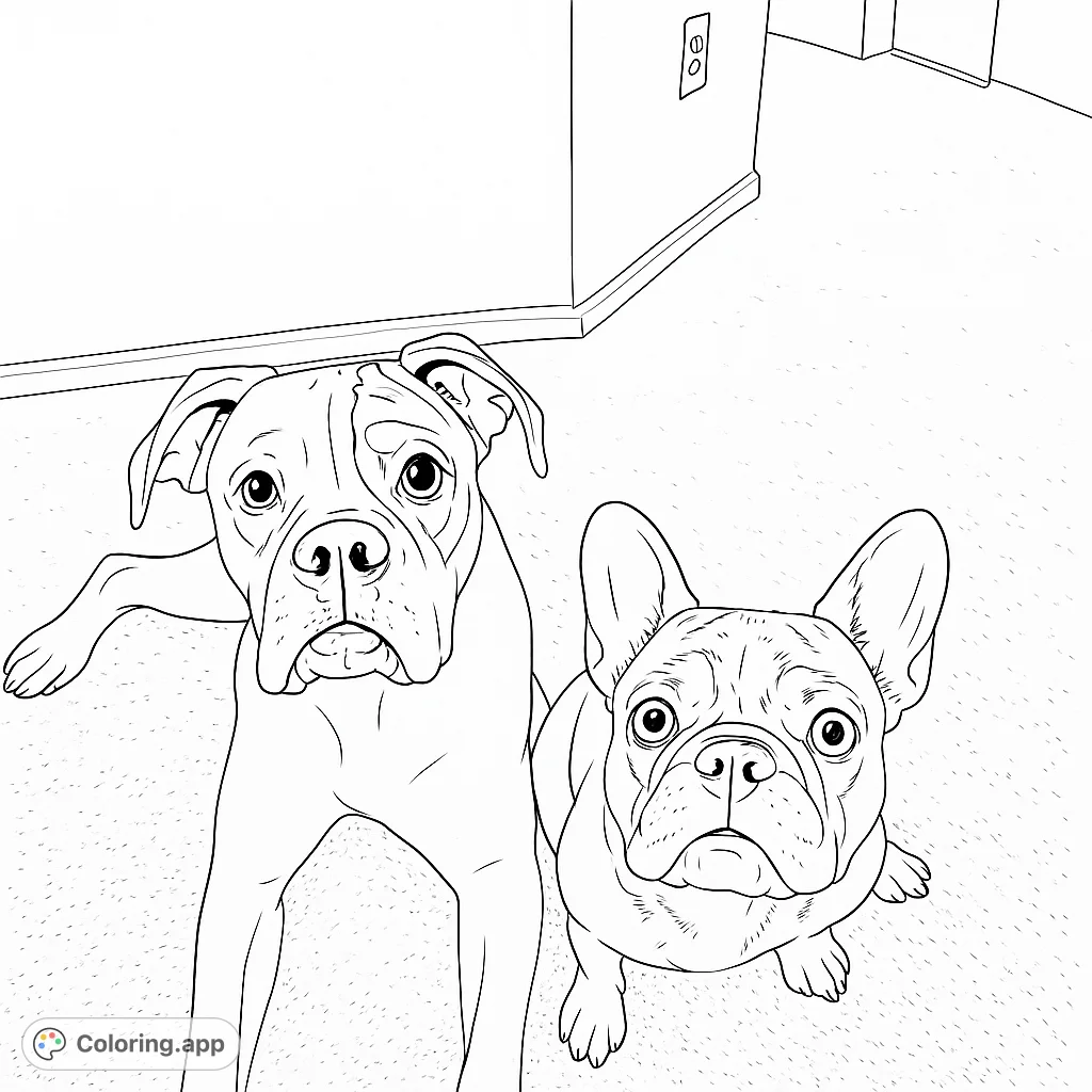 An adorable Boxer and French Bulldog gaze up, ready for color! A charming dog coloring page, free printable, perfect for pet lovers of all ages.
