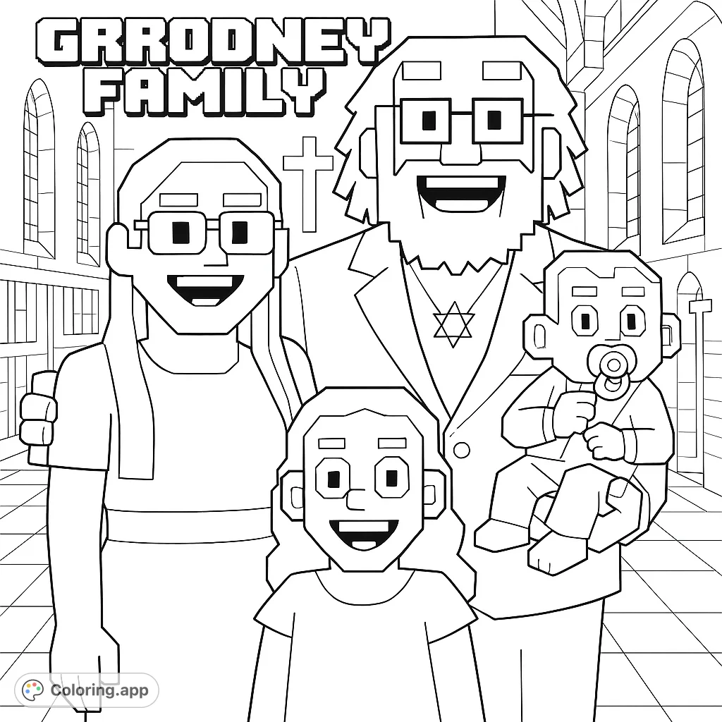 A charming pixel-art family portrait featuring two adults, a child, and a baby in a church setting. Perfect for a unique family coloring page.