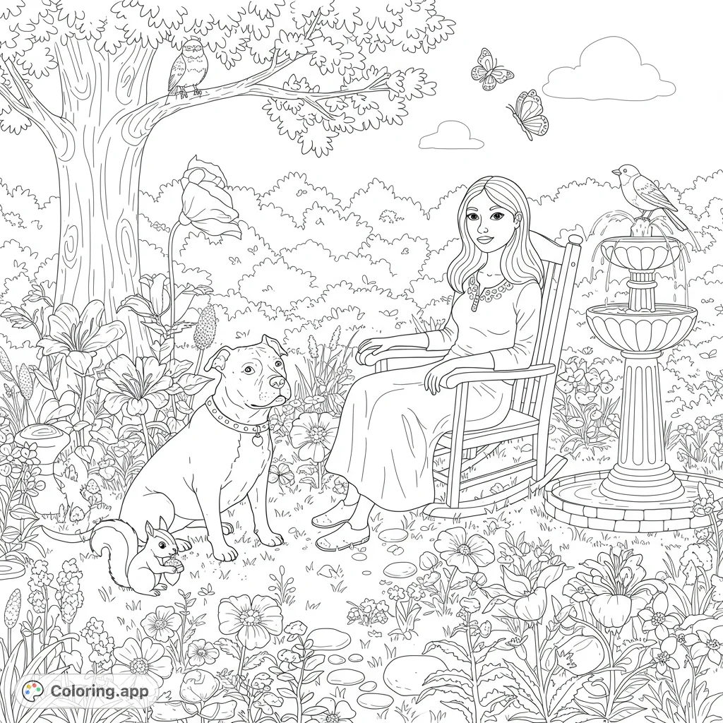 Relaxing scene! A woman and her pitbull in a flower garden, with a squirrel, bird, and butterfly.