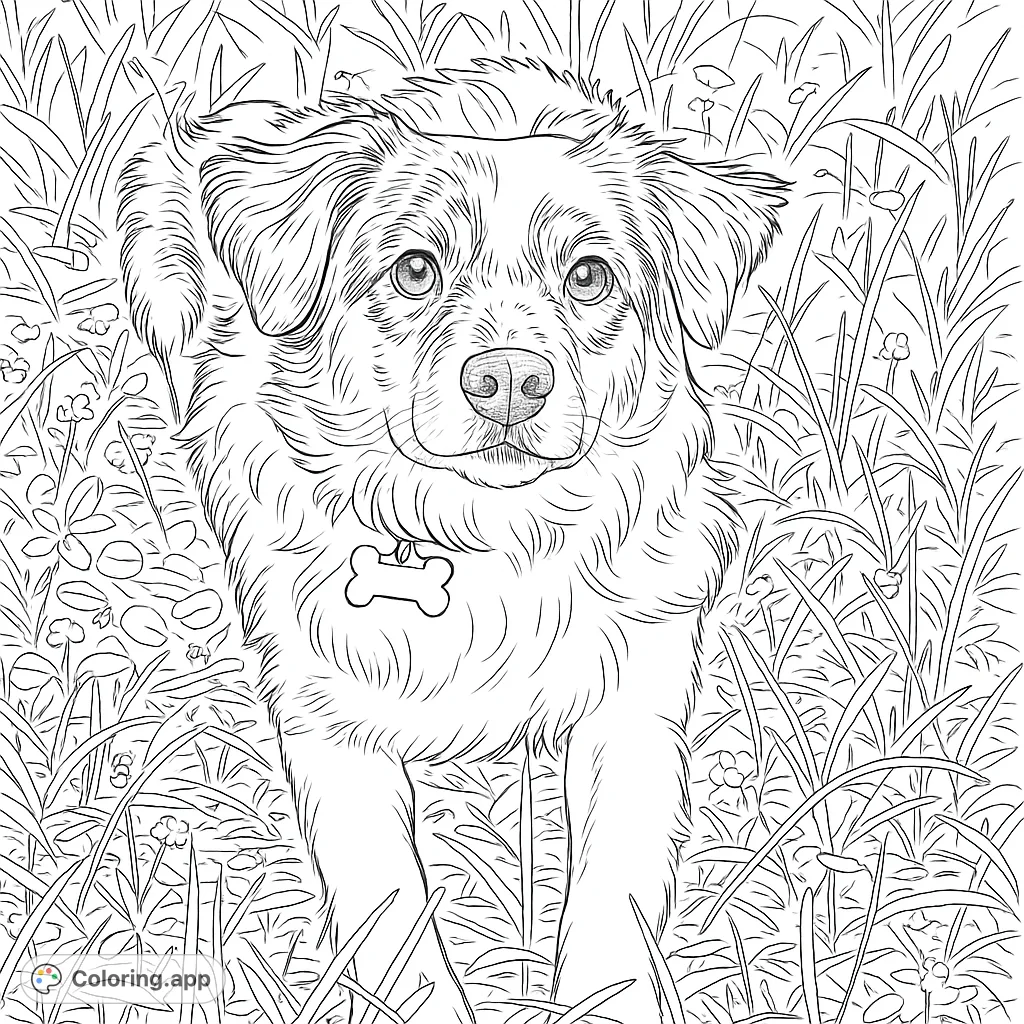 Adorable fluffy dog with a bone tag, standing in a field of tall grass and small flowers. A charming dog coloring page for all ages.