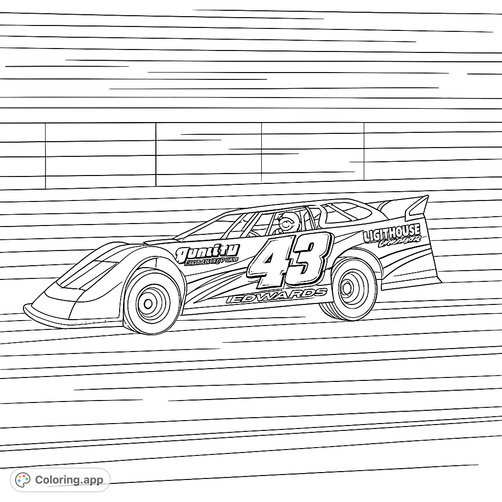 Experience the thrill of the race with this dynamic dirt track race car coloring page. Perfect for speed enthusiasts and aspiring racers!