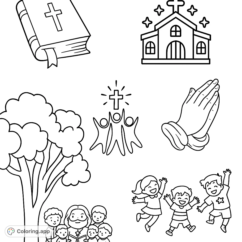 Explore faith and joy with a Bible, church, praying hands, Jesus with children, and happy kids. A free printable Christian coloring page.