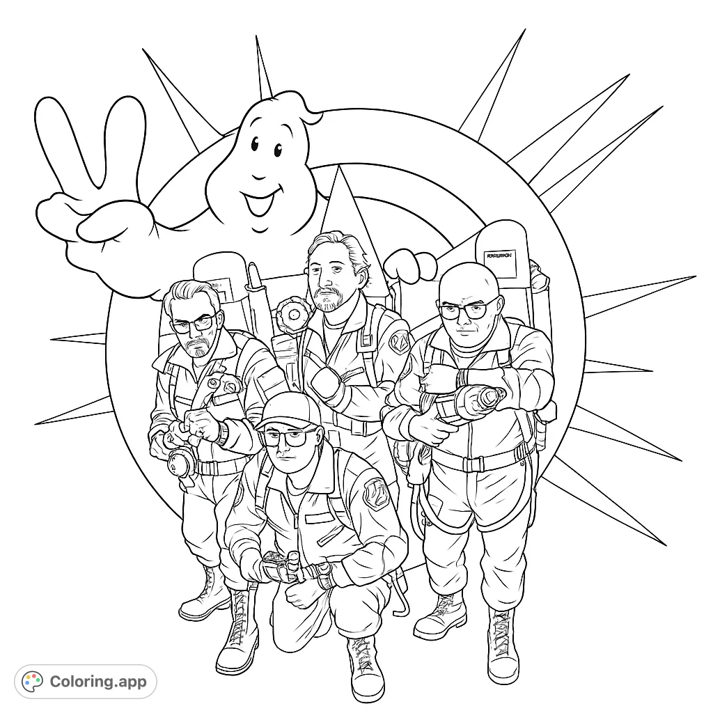 Join the iconic Ghostbusters team and Slimer in this action-packed free printable coloring page! Perfect for fans of all ages.