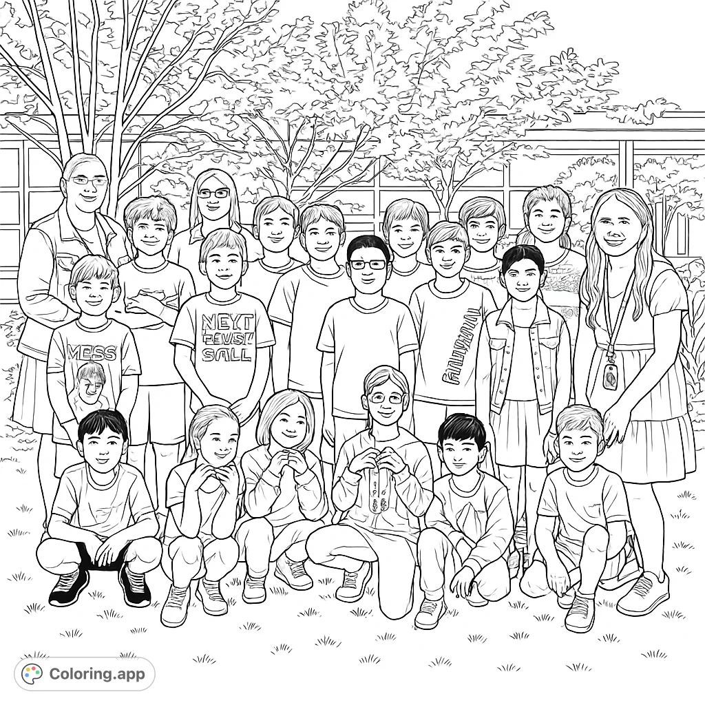 A vibrant school group coloring page featuring diverse students and teachers, perfect for celebrating community and friendship. Free printable for all ages!