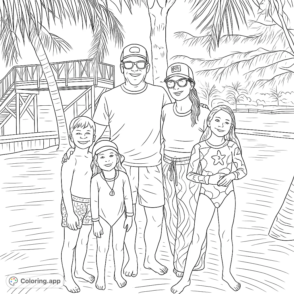 A joyful family of five smiles in a tropical paradise. Perfect free printable family vacation coloring page for kids and adults, featuring palm trees and beach vibes.
