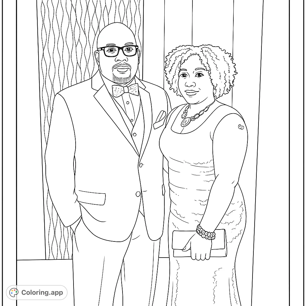 An elegant couple in formal attire, perfect for a sophisticated coloring experience. Features a man in a suit and a woman in a dress with accessories.