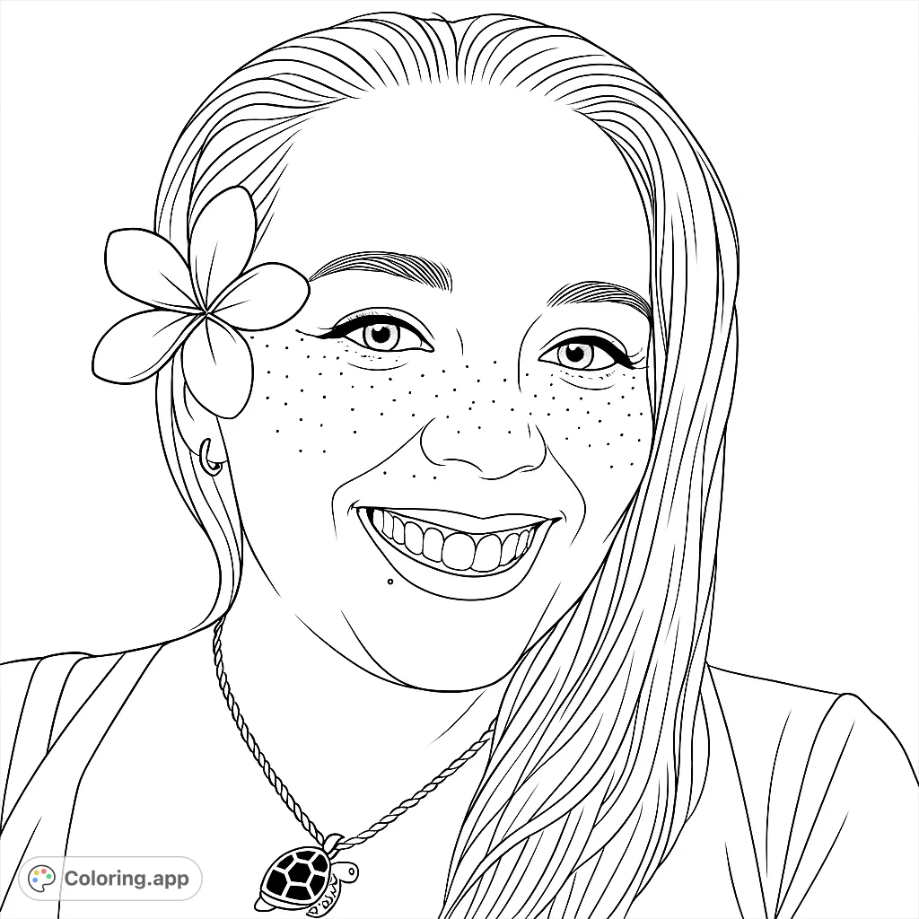 A joyful portrait featuring a smiling person with freckles, long hair, a plumeria flower, and a charming turtle necklace. Perfect for a relaxing coloring experience!