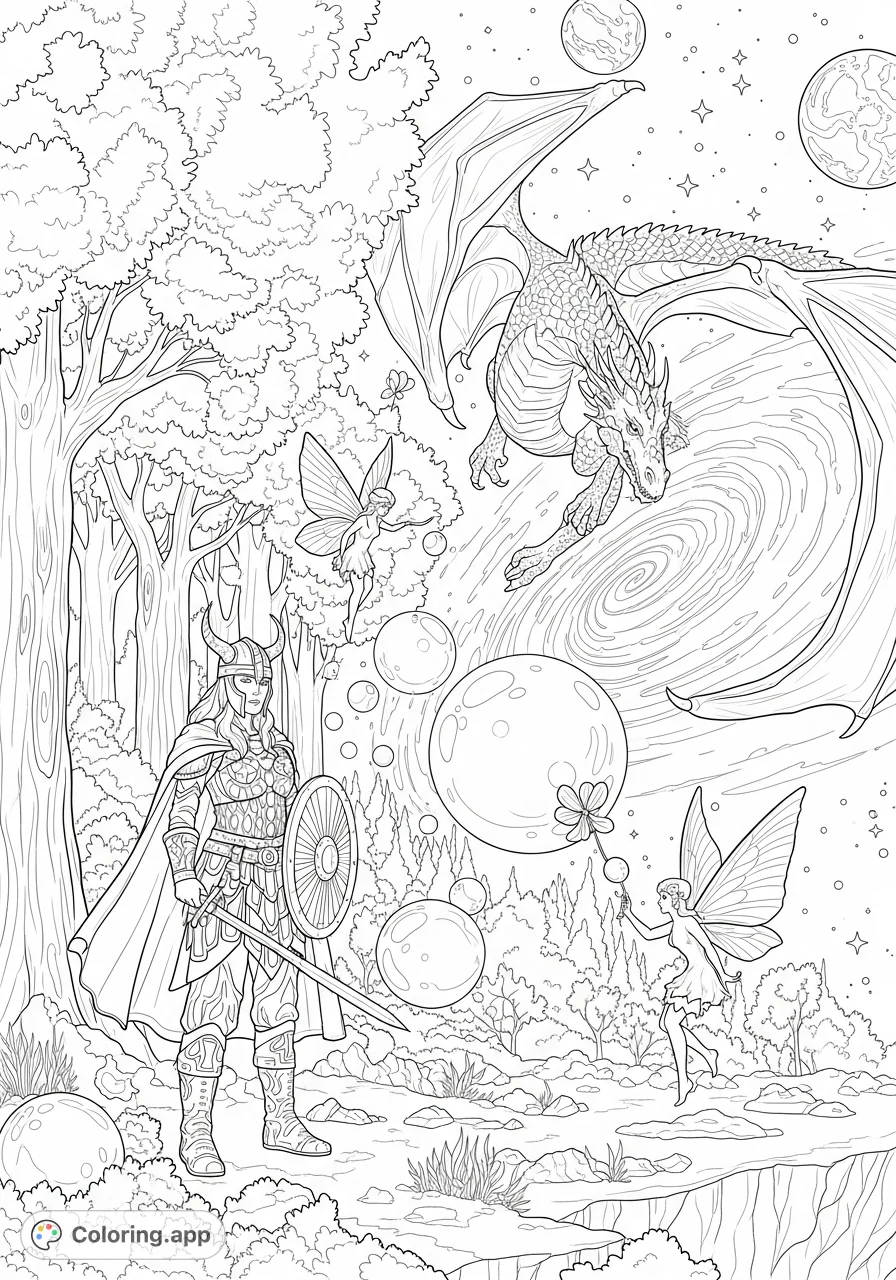 Explore a magical realm where Viking warriors, dragons, and fairies coexist on a floating celestial planet amidst swirling galaxies and shimmering bubbles.