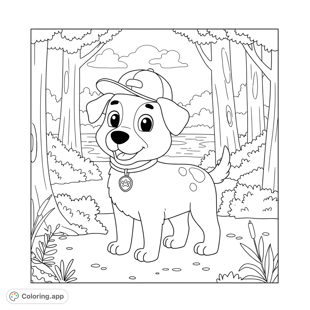 A delightful puppy in a baseball cap explores a charming woodland scene with trees, bushes, and a lake. Perfect for a fun, free printable puppy coloring page!