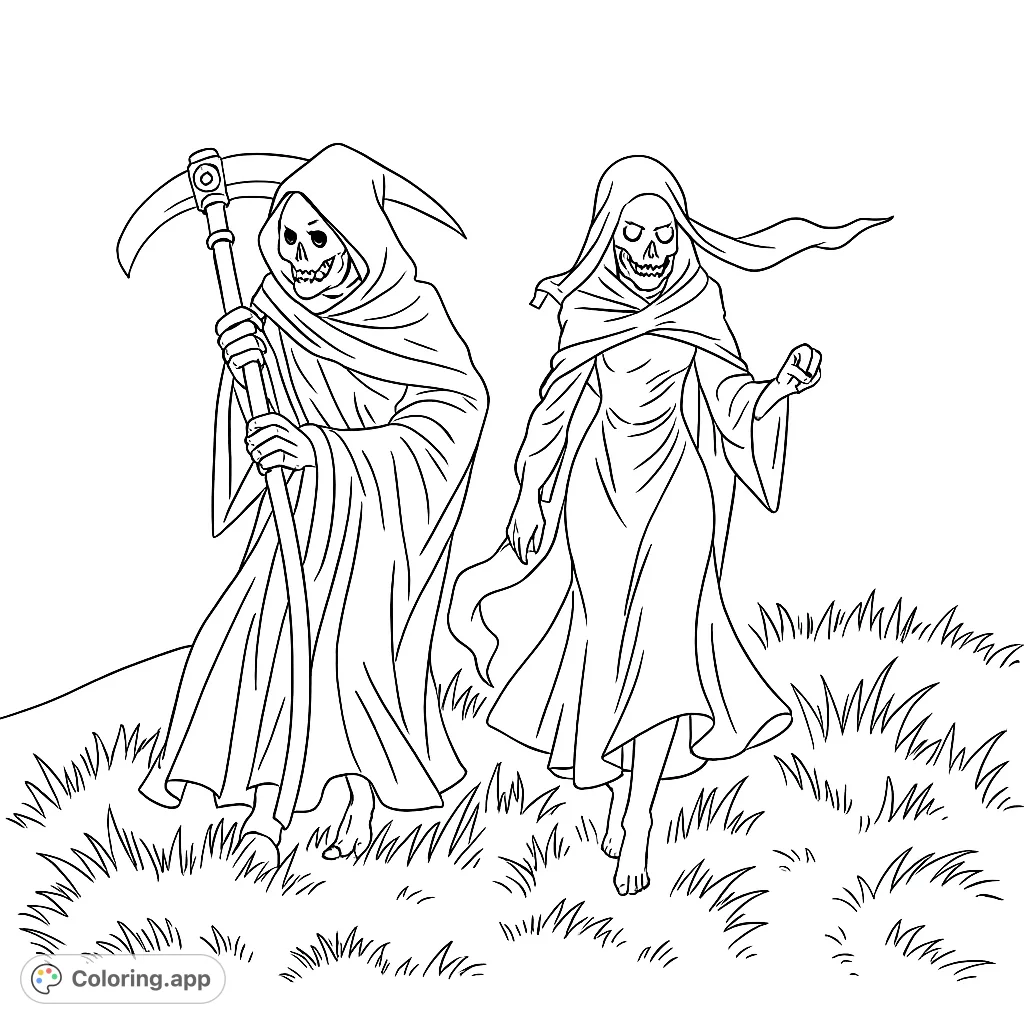 Two cloaked grim reapers, one with a scythe, walk through a grassy field. A spooky yet intriguing Halloween coloring page for all ages.